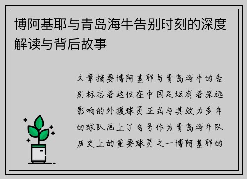 博阿基耶与青岛海牛告别时刻的深度解读与背后故事