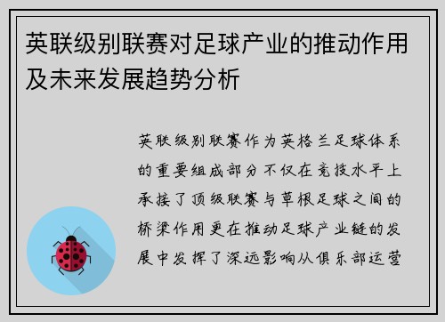 英联级别联赛对足球产业的推动作用及未来发展趋势分析