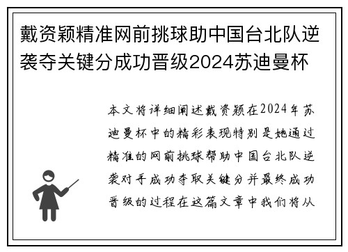戴资颖精准网前挑球助中国台北队逆袭夺关键分成功晋级2024苏迪曼杯